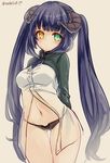  bangs beige_background black_hair black_panties closed_mouth conomi-c5 cowboy_shot dress eyebrows_visible_through_hair green_eyes highres long_hair long_sleeves looking_at_viewer navel open_clothes open_dress original panties simple_background solo standing thigh_gap twintails twitter_username underwear white_dress yellow_eyes 