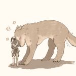  1boy animal armor artorias_the_abysswalker blush capelet dark_souls_(series) dark_souls_i dog full_body gauntlets great_grey_wolf_sif greaves greyscale hands_up helmet highres hood hood_up monochrome nuzzle petting plume simple_background spot_color standing sugulu tail tail_wagging 