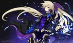  2016 absurdly_long_hair bodysuit copyright_name cowboy_shot dark_persona dated feathers fire floating_hair hair_feathers kamui_(tales_of_zestiria) long_hair male_focus ponytail purple_eyes purple_feathers r2load silver_hair solo sorey_(tales) standing tales_of_(series) tales_of_zestiria very_long_hair 