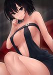  amagami armpit_peek bare_arms bare_legs bare_shoulders black_dress black_eyes black_hair breasts clenched_hand closed_mouth commentary couch covered_nipples dress eyebrows_visible_through_hair feet_out_of_frame hand_on_own_chin large_breasts legs looking_at_viewer nanasaki_ai navel neonbeat on_couch open_clothes open_dress revealing_clothes short_hair signature sitting smile solo thighs 