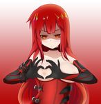  angry arm_belt belt black_gloves blush breasts breasts_outside carlos_daniel choker crimson_avenger_(elsword) deep_skin elbow_gloves elesis_(elsword) elsword gloves gradient gradient_background heart heart-shaped_boob_challenge heart_hands long_hair looking_at_viewer medium_breasts nipples orange_eyes red_hair shaded_face solo upper_body very_long_hair 