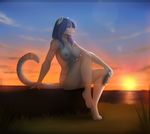  2017 4_toes angelica_(ashkelling) anthro blue_fur blue_hair breasts chest_tuft cleavage clothed clothing dafka feline female fur hair mammal nipples outside pink_nose sitting smile solo sunset toes tuft white_fur white_panther 