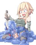  1girl blonde_hair blue_eyes blush cum ejaculation female futanari ls-lrtha monster open_mouth original penis pointy_ears short_hair simple_background slime solo sword testicles weapon white_background 