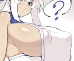  ? absurdres breasts covered_nipples dark_skin glo-s-s highres huge_breasts kamoi_(kantai_collection) kantai_collection looking_at_viewer no_bra out_of_frame sideboob sidelocks skindentation solo spoken_question_mark upper_body white_hair 