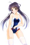  adjusting_clothes adjusting_legwear ahoge bashen_chenyue black_eyes black_hair black_ribbon blush breasts cleavage closed_mouth competition_swimsuit eyebrows_visible_through_hair hair_ribbon highres large_breasts long_hair looking_at_viewer memories_off one-piece_swimsuit ribbon smile suzuna_takano swimsuit thighhighs twintails white_legwear 