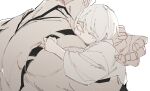  1boy 1other adoptive_parent_and_adoptive_child aged_down back_tattoo closed_eyes comforting crying highres hug jujutsu_kaisen koshinomoli muscular muscular_male neck_tattoo pale_skin ryoumen_sukuna_(jujutsu_kaisen) ryoumen_sukuna_(true_form)_(jujutsu_kaisen) sketch tattoo tears uraume_(jujutsu_kaisen) white_background white_hair 
