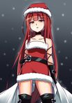  alice360 bangs bare_shoulders belt black_footwear black_gloves boots breath choker christmas collarbone cowboy_shot crimson_avenger_(elsword) dress elesis_(elsword) elsword fur_trim gloves hat highres long_hair looking_at_viewer loose_belt open_mouth red_dress red_hair sack santa_hat short_dress snowing solo strapless strapless_dress thigh_boots thighhighs tube_dress very_long_hair yellow_eyes zettai_ryouiki 