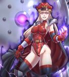  1girl belt blonde_hair blunt_bangs blunt_ends bracelet breasts capcom_fighting_jam cape clenched_teeth corruption cosplay elbow_gloves gloves hairpods hat highleg highleg_leotard highres ingrid_(capcom) jewelry large_breasts leebigtree leotard long_hair m._bison m._bison_(cosplay) mind_control necklace peaked_cap possessed red_eyes red_gloves shoulder_pads skull_necklace smile solo spiked_bracelet spikes street_fighter teeth thick_thighs thighs 
