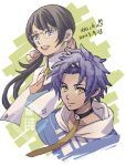  1boy 1girl black_hair blue_hair blue_hoodie cai_(fire_emblem) character_request closed_mouth dark-skinned_male dark_skin dated fire_emblem fire_emblem:_fortune's_weave hair_ribbon highres hood hood_down hoodie looking_at_viewer open_mouth ribbon short_twintails twintails usachu_now yellow_eyes 