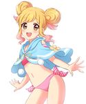  :d aikatsu!_(series) aikatsu_stars! bangs bikini blonde_hair blue_jacket blush brown_eyes commentary contrapposto eyebrows_visible_through_hair from_side gradient_hair highres jacket jacket_on_shoulders looking_at_viewer multicolored_hair navel nijino_yume open_mouth outstretched_arms pink_bikini pink_hair pom_pom_(clothes) sekina side-tie_bikini simple_background sleeveless_jacket smile solo standing swimsuit tied_hair white_background 