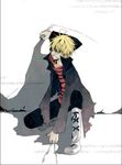  blonde_hair coat colorized hair_over_one_eye katekyo_hitman_reborn! long_coat looking_at_viewer male_focus misteor open_clothes open_coat shirt short_hair simple_background smile solo striped striped_shirt 