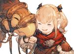  :d ^_^ black_ribbon blonde_hair blush bridle chocobo closed_eyes final_fantasy final_fantasy_xiv hair_ribbon holding junwool lalafell open_mouth pointy_ears red_scarf ribbon scarf simple_background sketch smile twintails upper_body white_background 