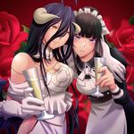  ahoge albedo alcohol apron arm_around_shoulder bangs bare_shoulders black_hair blue_eyes blush breasts champagne champagne_flute cleavage commentary_request cup demon_girl demon_horns detached_collar dress drinking_glass drunk elbow_gloves gloves hip_vent horns huge_ahoge jewelry k-ta large_breasts long_hair maid maid_headdress multiple_girls narberal_gamma overlord_(maruyama) ponytail rose_background slit_pupils smile very_long_hair white_dress white_gloves yellow_eyes 