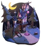  absurdres bab_du_666 birdhouse brick_wall broken_fence cabin cauldron crescent dirt_road fence fish forest glowing highres nature night no_humans original painterly paw_print plant railing road scenery sky spire star_(sky) starry_sky tree tree_stump vines white_background window_light wooden_fence yarn yarn_ball 