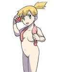  1girl arm_up blush breasts bule collarbone convenient_censoring hand_up highres kasumi_(pokemon) looking_at_viewer looking_to_the_side medium_breasts navel nude open_mouth orange_hair pokeball pokemon pokemon_rgby ponytail red_towel short_hair side_ponytail simple_background smile solo standing tied_hair towel white_background 