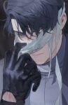  1boy absurdres adjusting_eyewear bab_du_666 bandaged_head bandages black_coat black_gloves black_hair blank_stare coat crew_neck gloves grey_eyes highres looking_at_viewer male_focus omniscient_reader&#039;s_viewpoint one_eye_covered open_clothes popped_collar scar scar_on_arm secretive_plotter serious short_hair solo upper_body 