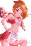  :d aikatsu! aikatsu!_(series) bangs bare_arms bare_shoulders blush breasts cheerleader cowboy_shot eyebrows_visible_through_hair hand_on_hip highres jacket jacket_removed leg_up looking_at_viewer midriff navel one_eye_closed oozora_akari open_mouth orange_hair pink_eyes ponytail sekina simple_background sketch skirt small_breasts smile solo sunlight v-shaped_eyebrows white_background 