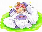  1boy 1girl blonde_hair blush closed_eyes colored_skin crazy02oekaki drooling earrings final_fantasy final_fantasy_vi grass highres jewelry mouth_drool open_mouth print_hat purple_skin relm_arrowny short_hair signature sleeping umaro wavy_hair white_fur yeti_(creature) 