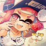  1girl ;d bangs baseball_cap blunt_bangs cat conomi-c5 copyright_name domino_mask fangs hat inkling inkling_(language) jajji-kun_(splatoon) looking_at_viewer mask one_eye_closed open_mouth pink_eyes pink_hair pointy_ears portrait shirt short_hair smile splatoon_(series) splatoon_2 tank_top tentacle_hair twitter_username white_shirt 