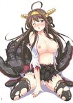  ;o absurdres ahoge bare_shoulders black_legwear blue_eyes blush boots breasts brown_eyes brown_hair chestnut_mouth detached_sleeves double_bun hair_ornament hairband headgear highres japanese_clothes kantai_collection kongou_(kantai_collection) large_breasts long_hair mecha_musume nipples non-web_source nontraditional_miko one_eye_closed open_clothes open_mouth panties simple_background sitting skirt solo tears thigh_boots thighhighs tomokichi torn_clothes torn_legwear underwear wariza white_background white_panties 