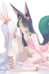  1boy 1girl abs animal_ear_fluff animal_ears aqua_eyes black_hair black_tail blush bow bowtie crop_top cyno_(genshin_impact) dark-skinned_male dark_skin fake_animal_ears fishnet_thighhighs fishnets fox_ears fox_tail genderswap genderswap_(mtf) genshin_impact green_hair green_tail hair_between_eyes hair_bow highres leotard long_hair long_sleeves multicolored_hair multicolored_tail muscular muscular_male pink_bow pink_leotard pink_sleeves rabbit_ears red_bow red_bowtie short_hair streaked_hair sweater tail takoyaki_ice thighhighs tighnari_(genshin_impact) white_background white_hair white_sweater 