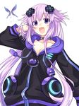  adult_neptune bad_id bad_pixiv_id bangs blush breasts collar cowboy_shot d-pad d-pad_hair_ornament eyebrows_visible_through_hair hair_ornament highres hood hooded_jacket jacket long_hair looking_at_viewer medium_breasts neptune_(series) open_mouth purple_eyes purple_hair shin_jigen_game_neptune_vii simple_background smile thighhighs track_jacket white_background zero_(ray_0805) 