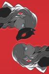  artist_name blue_eyes earrings jewelry koyorin long_hair looking_at_viewer mask multiple_girls persona persona_5 red_background rotational_symmetry silver_hair simple_background smile takamaki_anne twintails 