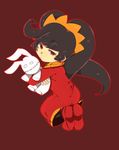  asatami_(pixiv6025254) ashley_(warioware) bangs black_hair black_legwear commentary_request dress from_behind full_body hairband holding holding_stuffed_animal long_hair long_sleeves looking_at_viewer looking_back orange_hairband pantyhose red_background red_dress red_eyes red_footwear red_outline shoes simple_background solo stuffed_animal stuffed_bunny stuffed_toy twintails very_long_hair warioware 