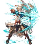  boots bow_(weapon) fire_emblem fire_emblem_heroes fire_emblem_if full_body fur_trim fuujin_yumi gloves grey_hair highres hino_shinnosuke holding holding_weapon long_hair male_focus official_art open_mouth orange_eyes ponytail solo takumi_(fire_emblem_if) teeth transparent_background weapon 