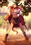  animal_ears backpack bag blurry blurry_background cat_ears cat_tail cherry_in_the_sun collar final_fantasy final_fantasy_xiv full_body head_scarf midriff miqo'te navel orange_hair outdoors parted_lips purple_eyes skirt solo standing tail v'kebbe 