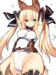  animal_ear_fluff animal_ears armpits arms_up bangs blonde_hair borrowed_character breasts cameltoe chestnut_mouth eyebrows_visible_through_hair fox_ears from_below green_eyes hair_between_eyes highleg highleg_leotard leotard medium_breasts mofuaki original parted_lips sidelocks solo thighhighs thighs twintails white_leotard 