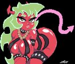  2017 animated bedroom_eyes bent_over big_breasts biped black_background blush bracelet breasts cleavage clothed clothing collar demon digital_media_(artwork) eyelashes female front_view green_hair hair half-closed_eyes horn humanoid jewelry leather lipstick long_hair looking_at_viewer loop low_res makeup necklace not_furry panty_and_stocking_with_garterbelt pixel_(artwork) pixel_animation portrait presenting presenting_breasts red_horn red_skin scanty seductive ses_vanbrubles shiny signature simple_background skimpy skinsuit smile solo spade_tail spiked_bracelet spiked_collar spikes teasing three-quarter_portrait tight_clothing yellow_eyes 