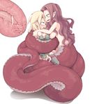  2girls blonde_hair blue_eyes blush breasts brown_hair coiled female futanari green_eyes lamia long_hair ls-lrtha monster_girl multiple_girls open_mouth original penis pointy_ears profile sex short_hair simple_background testicles topless vaginal white_background 