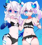  2girls :d ;d bangs bikini black_bikini blue_background blue_eyes carlos_daniel chain chiliarch_(elsword) diabla_(elsword) dual_persona elsword eyebrows_visible_through_hair flat_chest frilled_bikini frills hair_ornament hairclip horns long_hair looking_at_viewer luciela_r._sourcream multiple_girls navel one_eye_closed open_mouth pointy_ears smile swimsuit tattoo twintails white_hair 