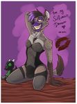  anthro clothed clothing crossdressing ear_piercing g-h- hyena jay_(g-h-) looking_at_viewer male mammal piercing plushie purple_background simple_background text 