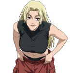  1girl black_panties black_shirt blonde_hair brown_eyes cargo_pants cowboy_shot crop_top eyelashes hair_intakes highres jujutsu_kaisen long_hair navel panties pants parted_lips red_pants removing_pants shirt simple_background smile solo tsukumo_yuki_(jujutsu_kaisen) underwear v0idzenin white_background 