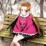  arm_support belt black_skirt blush breath brown_hair coat commentary_request day dokidoki!_precure embarrassed have_to_pee long_hair madoka_aguri miniskirt nakahira_guy outdoors pleated_skirt precure red_coat red_eyes sitting skirt solo sweat tree very_long_hair 