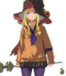  arm_garter bangs black_skirt blonde_hair blue_eyes blue_neckwear cape closed_mouth commentary_request cowboy_shot enami_katsumi hat highres holding holding_staff long_hair long_sleeves looking_at_viewer neckerchief orange_sweater pantyhose parted_bangs pleated_skirt pumpkin purple_legwear red_cape simple_background skirt solo staff standing star sweater white_background witch_hat 