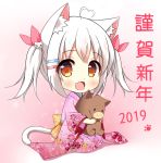  &gt;_&lt; 1girl 2019 :d ahoge animal animal_ears animal_hug bangs blush brown_eyes cat_ears cat_girl cat_hair_ornament cat_tail chibi chinese_zodiac commentary_request eyebrows_visible_through_hair fang floral_print full_body hair_between_eyes hair_ornament hair_ribbon hairclip happy_new_year heart_ahoge japanese_clothes kimono long_sleeves looking_at_viewer new_year open_mouth original pig pink_kimono pink_ribbon print_kimono ribbon seiza sidelocks silver_hair sitting smile solo tail twintails wide_sleeves xiaosamiao year_of_the_pig 