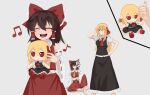  3girls absurdres ascot black_vest blonde_hair brown_hair chinese_commentary commentary_request ex-rumia fumo_(doll) grey_background hair_ribbon hair_tubes hakurei_reimu highres jager long_hair long_skirt multiple_girls musical_note osana_reimu red_eyes red_ribbon red_skirt ribbon rumia sendai_hakurei_no_miko sewing short_hair sidelocks simple_background skirt touhou vest yellow_ascot 