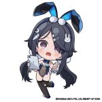  1girl animal_ears blue_leotard blue_nails blue_shoes breasts bright_pupils carrot_hair_ornament chibi commentary covered_navel english_commentary exia_(hacker_rabbit)_(nikke) exia_(nikke) fake_animal_ears fake_tail food-themed_hair_ornament goddess_of_victory:_nikke hair_ornament hairclip highleg highleg_leotard highres holding holding_tablet_pc leotard long_hair looking_at_viewer low_twintails nail_polish no_nose official_art open_mouth parted_bangs playboy_bunny purple_eyes rabbit_ears rabbit_hair_ornament rabbit_tail shoes sleeves_past_wrists small_breasts solo standing standing_on_one_leg tablet_pc tail thighhighs thighs torn_clothes torn_thighhighs totatokeke twintails very_long_hair white_pupils 