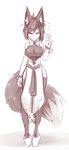  2016 absurd_res animal_humanoid big_breasts big_tail bracelet breasts canine clothed clothing eyes_closed female footwear fox fox_humanoid fully_clothed hair hairclip hi_res humanoid inner_ear_fluff japanese_clothing jewelry kiri_(sub-res) mammal monochrome platform_shoes sandals simple_background sketch smile solo standing sub-res v_sign white_background 
