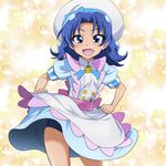  bangs blue_dress blue_eyes blue_hair blue_swimsuit cowboy_shot dress dress_lift eyebrows_visible_through_hair fang hat kirakira_patisserie_uniform kirakira_precure_a_la_mode long_hair looking_at_viewer medium_dress nakahira_guy open_mouth parted_bangs precure puffy_short_sleeves puffy_sleeves short_sleeves smile solo standing swimsuit swimsuit_under_clothes tategami_aoi white_hat 