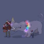  1boy 1girl ^_^ animal armor black_cloak blue_background breastplate cloak closed_eyes closed_mouth elden_ring elden_ring:_shadow_of_the_erdtree full_body golden_hippopotamus greaves helmet highres hippopotamus holding holding_leash leash melina_(elden_ring) messmer_the_impaler one_eye_closed open_mouth petting profile red_cloak red_hair red_snake sash scale_armor short_hair simple_background smile snake standing sugulu tail tail_wagging teeth yellow_eyes 