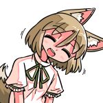  1girl ^_^ animal_ear_fluff animal_ears blush brown_hair closed_eyes commentary_request facing_viewer fox_ears fox_girl fox_tail green_ribbon hair_between_eyes head_tilt kasuya_baian kudamaki_tsukasa motion_lines neck_ribbon open_mouth puffy_short_sleeves puffy_sleeves ribbon romper short_hair short_sleeves simple_background sleeve_ribbon smile solo tail teeth touhou upper_body upper_teeth_only white_background white_romper 
