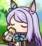  1girl animal_ears aqua_bow aqua_bowtie ascot blush_stickers bow bowtie can chibi chibi_only closed_eyes drink drinking ear_bow frilled_sleeves frills gameplay_ability gameplay_mechanics holding holding_can holding_saucer horse_ears horse_girl jazz_jack long_sleeves mejiro_mcqueen_(umamusume) parody photo-referenced purple_hair saucer solo strong_zero umamusume upper_body wide_face 