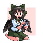  1girl :d absurdres barefoot bird_wings black_eyes black_hair black_wings blush border bow breasts center_frills commentary_request contrast_collar feathered_wings flying_sweatdrops frills full_body green_bow green_skirt hair_bow highres kasuya_baian large_bow long_hair medium_breasts medium_skirt open_mouth pink_background puffy_short_sleeves puffy_sleeves reiuji_utsuho shirt short_sleeves sitting skirt smile solo third_eye third_eye_on_chest touhou wariza white_border white_shirt wii_racing_wheel wings 