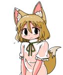  1girl animal_ear_fluff animal_ears black_eyes blush brown_hair closed_mouth commentary_request flying_sweatdrops fox_ears fox_girl fox_tail green_ribbon hair_between_eyes kasuya_baian kudamaki_tsukasa looking_at_viewer neck_ribbon ribbon romper short_sleeves simple_background sleeve_ribbon smile solo tail touhou upper_body v_arms white_background white_romper 