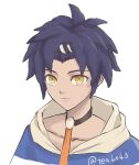  1boy blue_hair blue_hoodie cai_(fire_emblem) dark-skinned_male dark_skin fire_emblem fire_emblem:_fortune's_weave highres hood hood_down hoodie looking_at_viewer male_focus tea6043 two-tone_hoodie white_hoodie yellow_eyes 