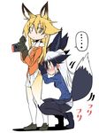  2girls animal_ears black_gloves black_hair black_legwear blonde_hair blush bow bowtie commentary_request ezo_red_fox_(kemono_friends) fox_ears fox_tail from_behind full-face_blush full_body fur_trim gloves hair_between_eyes handheld_game_console highres jacket kemono_friends long_hair long_sleeves looking_at_another moyachii multicolored_hair multiple_girls nintendo_switch panties pantyhose pleated_skirt silver_fox_(kemono_friends) silver_hair skirt skirt_lift sweatdrop tail two-tone_hair underwear white_background white_bow white_neckwear white_panties yellow_panties yuri 